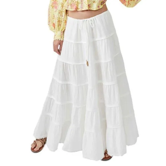Free People Tiered Simply Smitten XL White Maxi Skirt Summer Vacation Boho