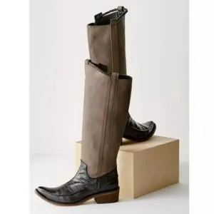 Free People Tritone Brown Black Leather Pointed Toe Braided Tall Boots Size 38
