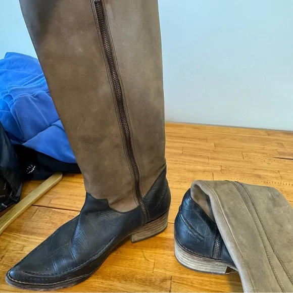 Free People Tritone Brown Black Leather Pointed Toe Braided Tall Boots Size 38