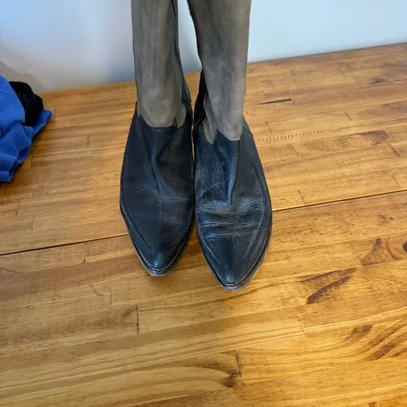 Free People Tritone Brown Black Leather Pointed Toe Braided Tall Boots Size 38