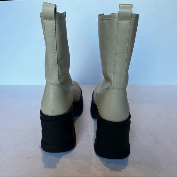 Free People Women's Myles Zip Front Leather Heeled Boots Ivory Size 9 Chunky
