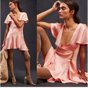 Free People Scarlett Satin Ruffle Wrap Mini Dress Peach. Size small