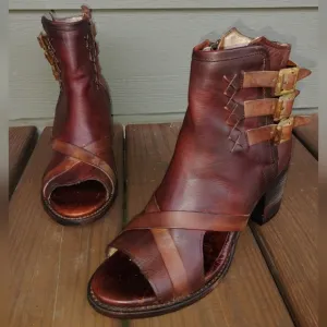 Freebird By Steven PERU Leather Ankle Bootie Size 9 Brown Distressed Peep Toe
