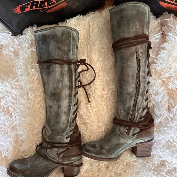 Freebird Gray Leather Knee-High Boots