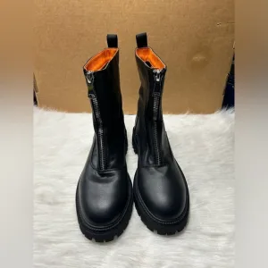French Connection Black Lug Sole Julie Front Zipper Chunky Boots in size 8.5