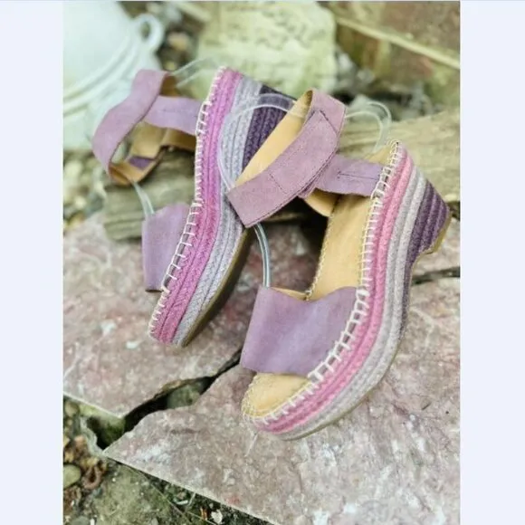 Frye &amp; Co Livia Leather Wedge lavender espadrille Sandals Women’s Size US 7.5