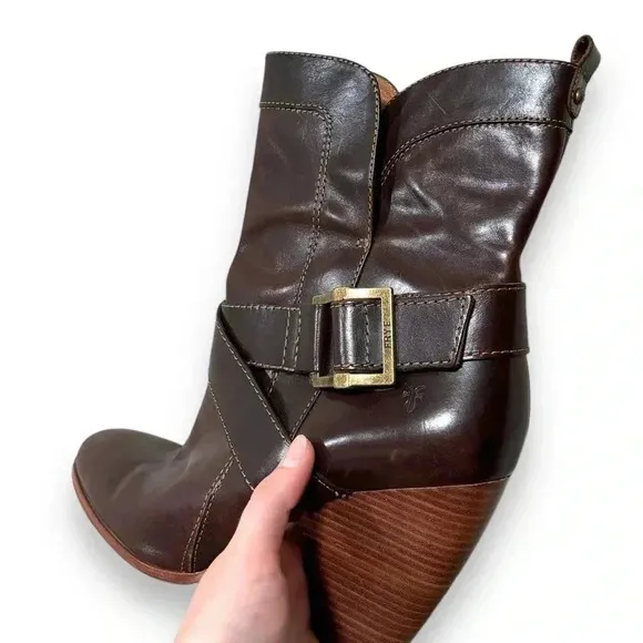 Frye Andrea Rich Brown Leather Chunky Heel Midi Boots Size 10