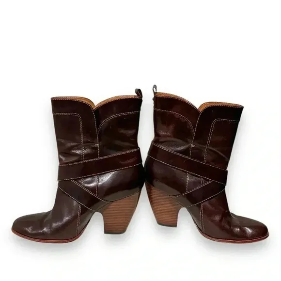 Frye Andrea Rich Brown Leather Chunky Heel Midi Boots Size 10