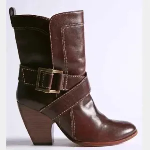 Frye Andrea Rich Brown Leather Chunky Heel Midi Boots Size 10