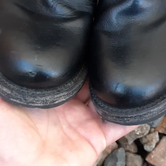 Frye black leather buckle boots w/ chunky heels