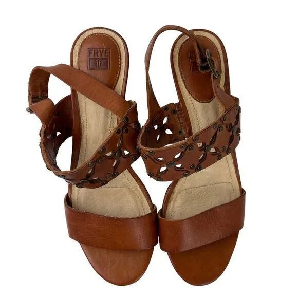 Frye Brown Leather Skye Cut Sling Floral Studded Heeled Sandals Size 7.5