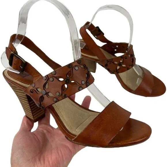 Frye Brown Leather Skye Cut Sling Floral Studded Heeled Sandals Size 7.5