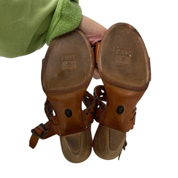 Frye Brown Leather Skye Cut Sling Floral Studded Heeled Sandals Size 7.5