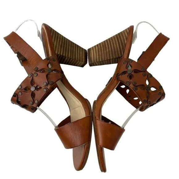 Frye Brown Leather Skye Cut Sling Floral Studded Heeled Sandals Size 7.5