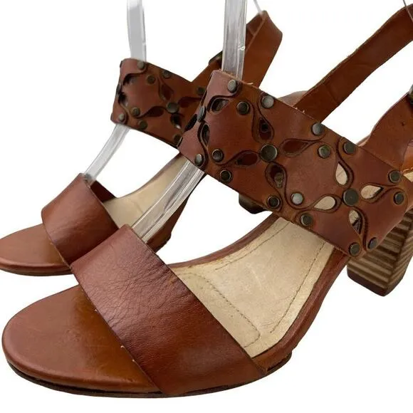 Frye Brown Leather Skye Cut Sling Floral Studded Heeled Sandals Size 7.5