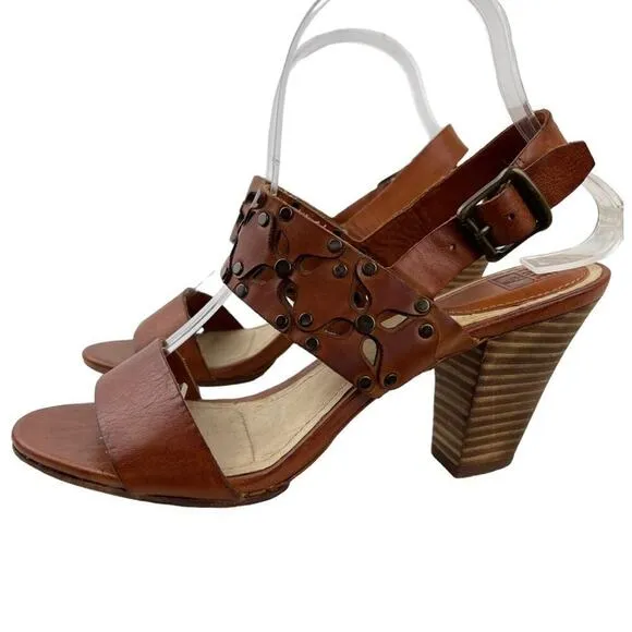 Frye Brown Leather Skye Cut Sling Floral Studded Heeled Sandals Size 7.5
