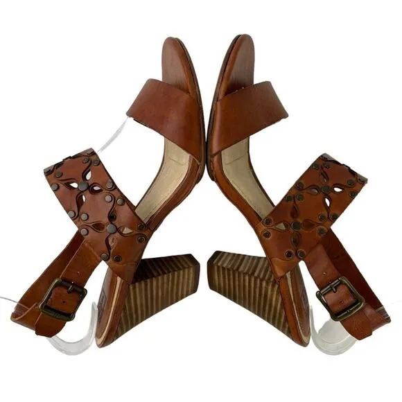 Frye Brown Leather Skye Cut Sling Floral Studded Heeled Sandals Size 7.5