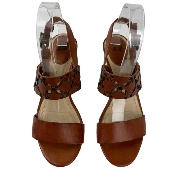 Frye Brown Leather Skye Cut Sling Floral Studded Heeled Sandals Size 7.5