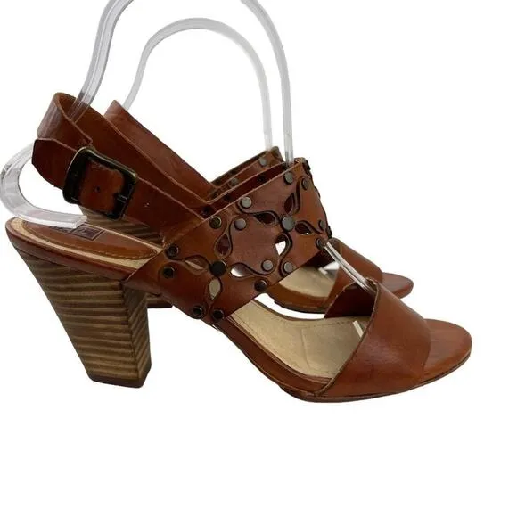 Frye Brown Leather Skye Cut Sling Floral Studded Heeled Sandals Size 7.5
