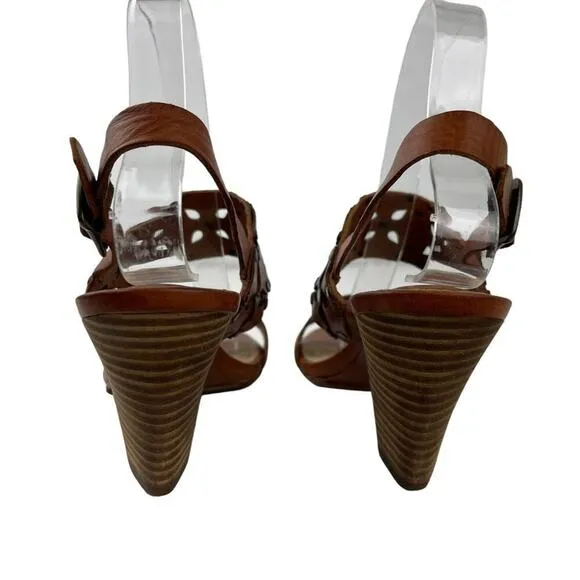 Frye Brown Leather Skye Cut Sling Floral Studded Heeled Sandals Size 7.5