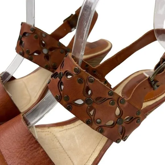 Frye Brown Leather Skye Cut Sling Floral Studded Heeled Sandals Size 7.5