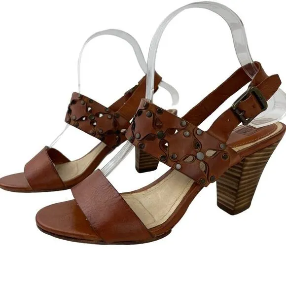 Frye Brown Leather Skye Cut Sling Floral Studded Heeled Sandals Size 7.5