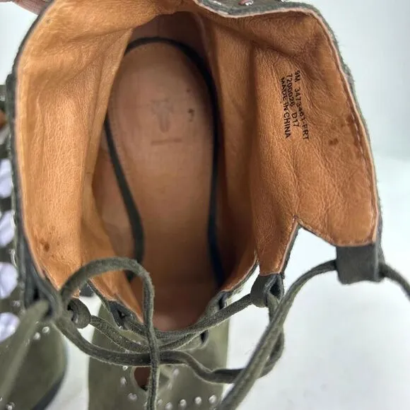 Frye Gabby Perf Ghillie Leather Ankle Bootie US 9 M Olive Hippy Studded Sandals