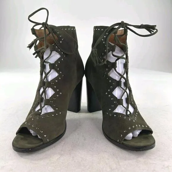 Frye Gabby Perf Ghillie Leather Ankle Bootie US 9 M Olive Hippy Studded Sandals