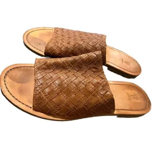 Frye Robin women's leather woven slide flat sandals cognac brown sz US 10