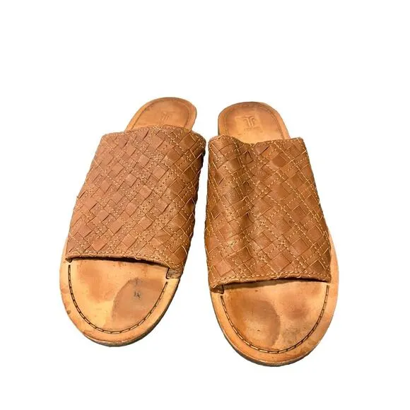 Frye Robin women's leather woven slide flat sandals cognac brown sz US 10