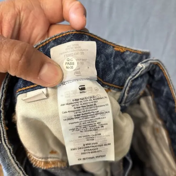 G Star Raw Deconstructed Slim Straight Jeans Mens 30x30 Streetwear Hype Grunge
