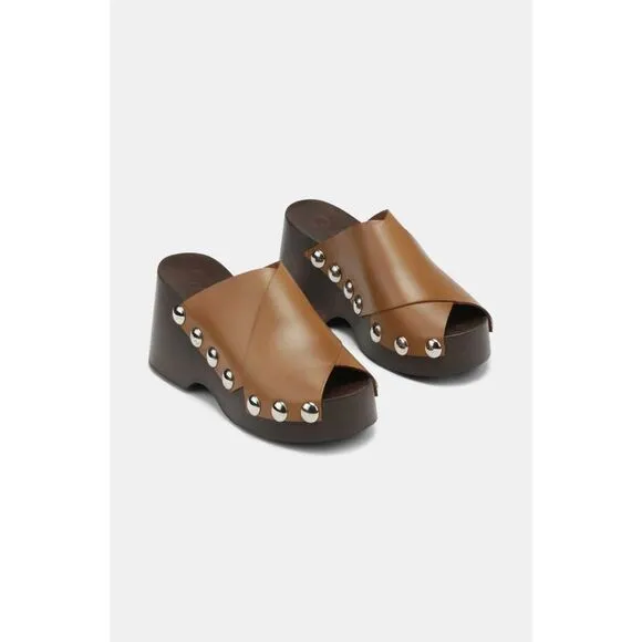 GANNI Womens Brown 1-1/2&quot; Wood-Grain Platform Wedge Slide Sandals Shoes 39