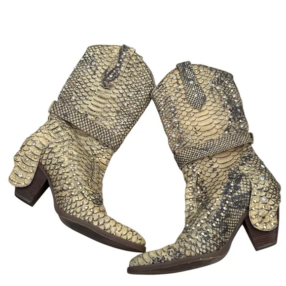 Genuine python embellished w crystals cowboy Heeled Boots designed 38 8