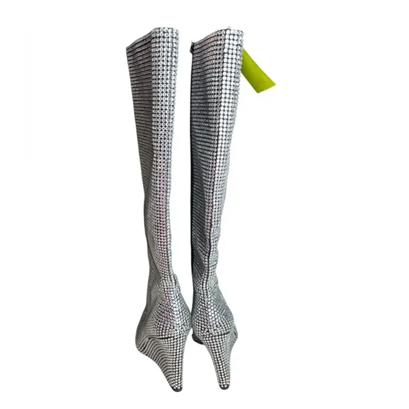 Gianni Bini Party Swifty GaborTwo Rhinestone Pointed Toe Tall Wedge Boots 6.5