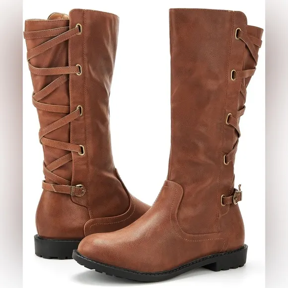 Girls Knee High Lace Up Chunk Side Zip Motorcycle Riding Boots With Buckle