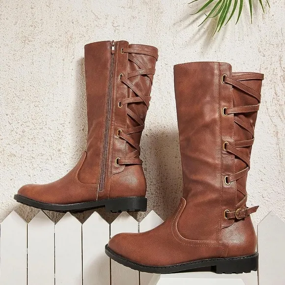 Girls Knee High Lace Up Chunk Side Zip Motorcycle Riding Boots With Buckle