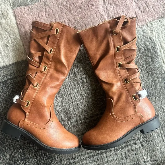 Girls Knee High Lace Up Chunk Side Zip Motorcycle Riding Boots With Buckle