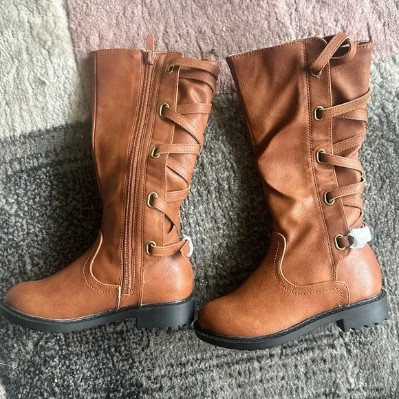 Girls Knee High Lace Up Chunk Side Zip Motorcycle Riding Boots With Buckle