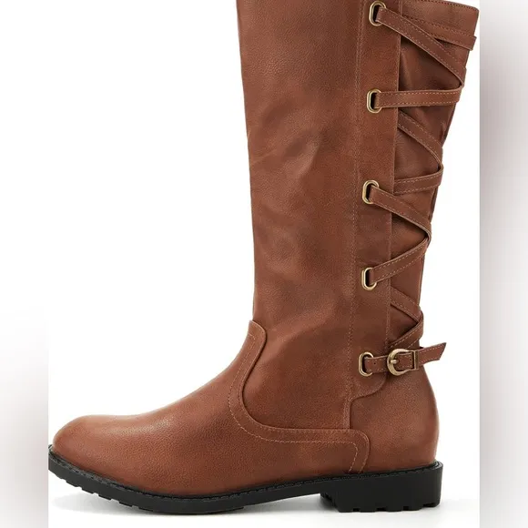 Girls Knee High Lace Up Chunk Side Zip Motorcycle Riding Boots With Buckle