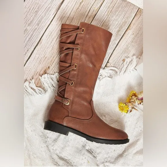 Girls Knee High Lace Up Chunk Side Zip Motorcycle Riding Boots With Buckle