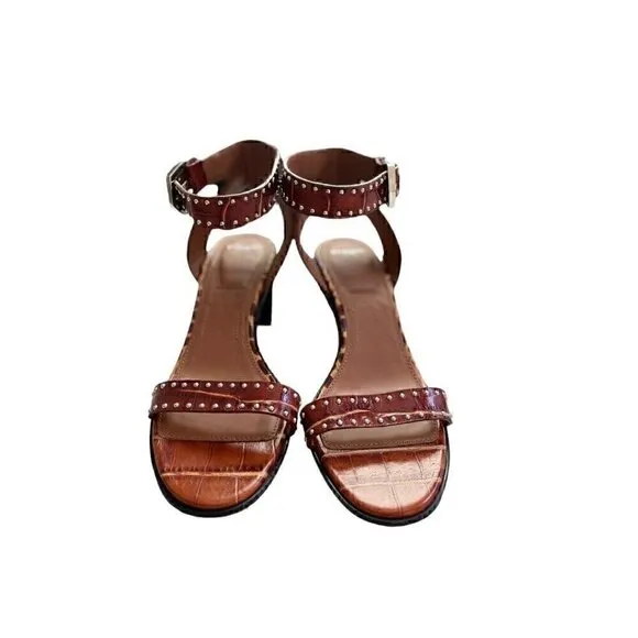 Givenchy Heel Leather Sandals Faux Crocodile Studded Brown 39.5