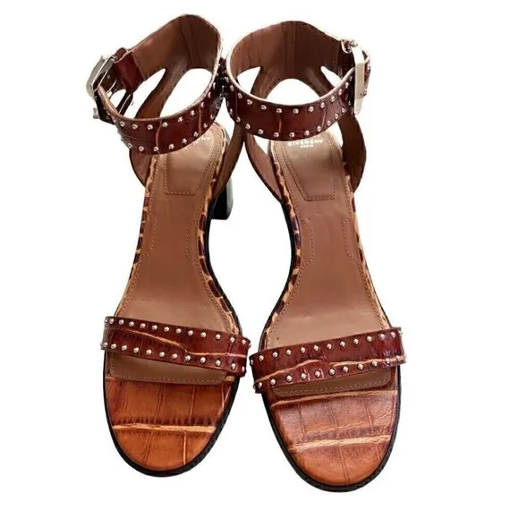 Givenchy Heel Leather Sandals Faux Crocodile Studded Brown 39.5