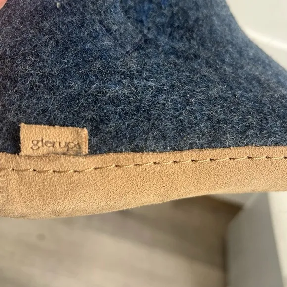 Glerups Natural WoolBOOT Slippers WITH LEATHER SOLE - DENIM Size W 9 M …