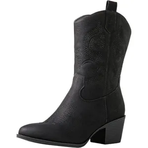 Globalwin  Cowboy Boots Women Black Faux Leather Mid Calf Western Chunky Boots