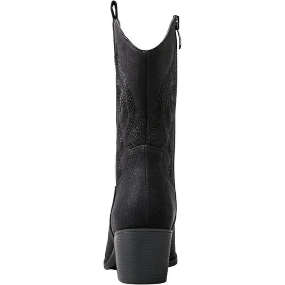 Globalwin  Cowboy Boots Women Black Faux Leather Mid Calf Western Chunky Boots