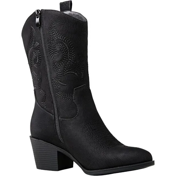 Globalwin  Cowboy Boots Women Black Faux Leather Mid Calf Western Chunky Boots