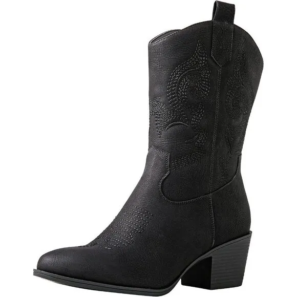 Globalwin  Cowboy Boots Women Black Faux Leather Mid Calf Western Chunky Boots