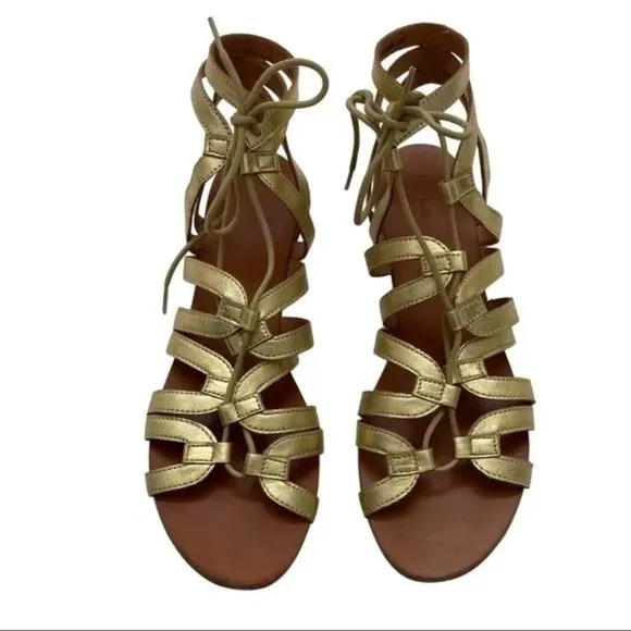 Gold Leather Lace Up Gladiator Sandals