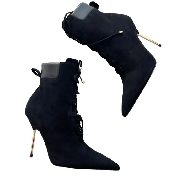 Good American Boots Women's Sz 6.5 Black Suede Pointed Toe Scandal Booties NIB