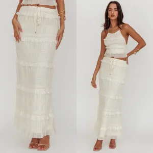 Grecian Goddess Shirred Sequin Beige Maxi Skirt